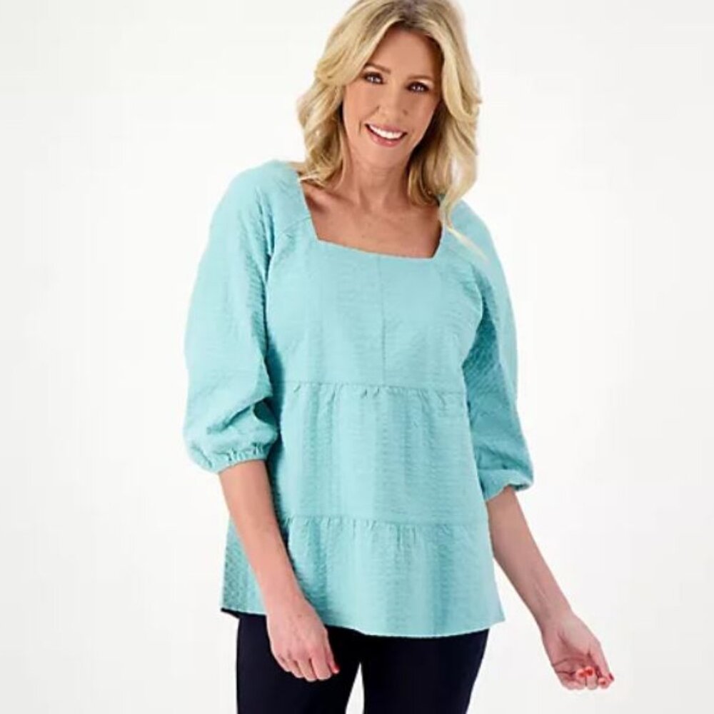Denim & Co. Tiered Top with Elastic Neckline - Gulf Blue - 1X
